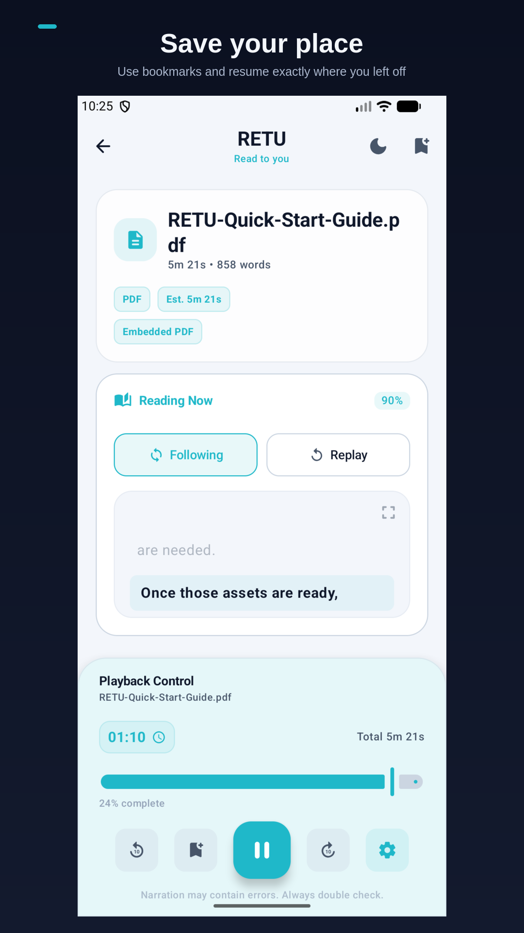 RETU reading view showing a saved bookmark